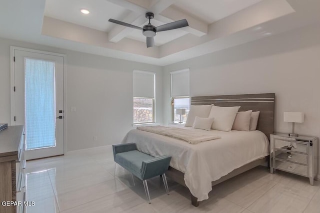 tiled bedroom with ceiling fan, beam ceiling, and coffered ceiling