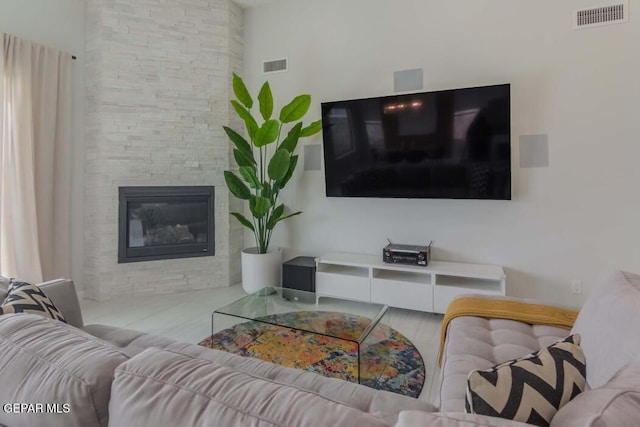 living room with a fireplace