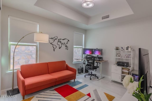 office featuring a raised ceiling