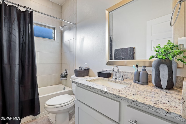 full bathroom with shower / bath combo, vanity, toilet, and tile patterned floors