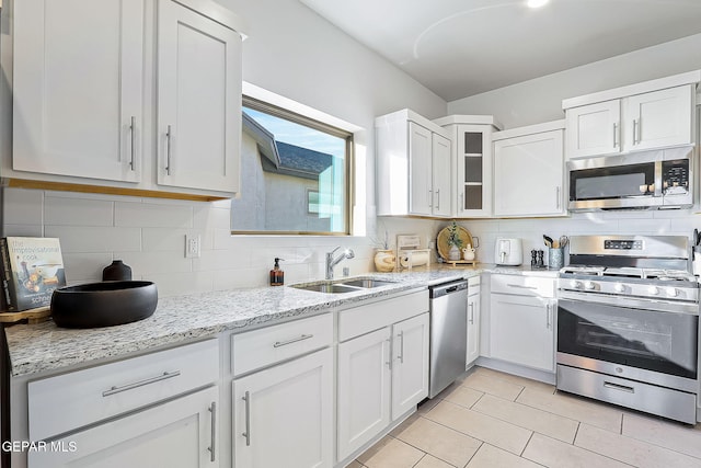 kitchen with backsplash, sink, white cabinets, and stainless steel appliances