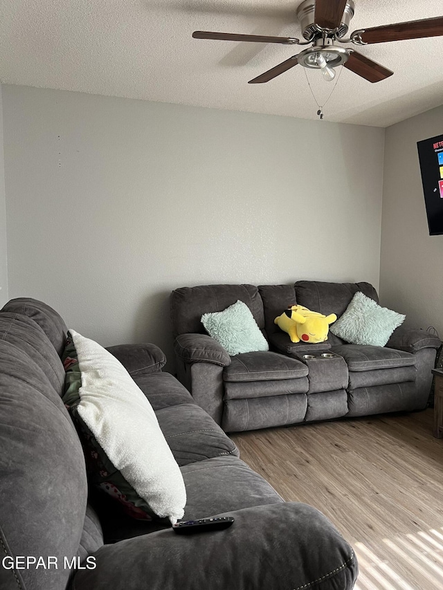 living room with wood-type flooring and a textured ceiling