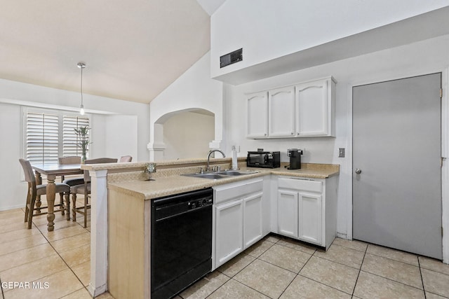 kitchen featuring black appliances, white cabinetry, sink, and light tile patterned floors