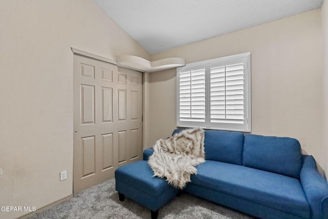 living area featuring carpet flooring and vaulted ceiling