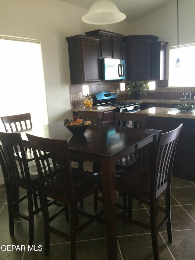 kitchen featuring decorative backsplash, a wealth of natural light, stainless steel appliances, and dark tile patterned floors