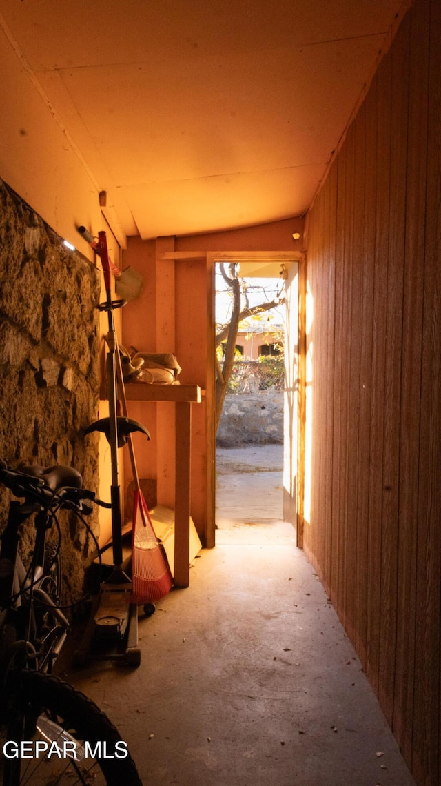 interior space featuring light colored carpet and wooden walls