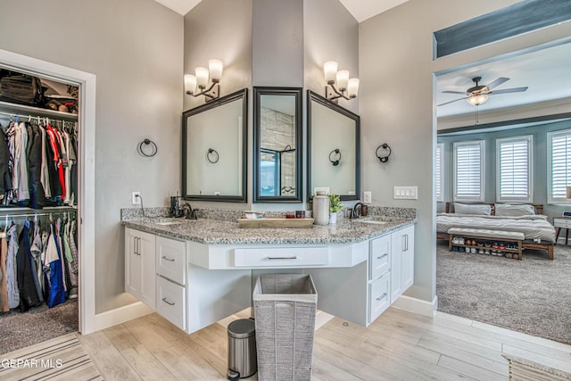 bathroom with ceiling fan, vanity, and wood-type flooring
