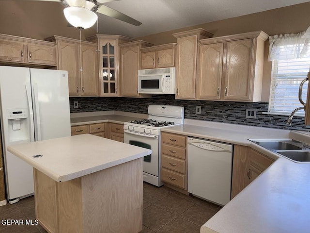 kitchen with white appliances, sink, tile patterned flooring, decorative backsplash, and light brown cabinetry