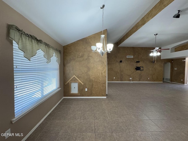 tiled empty room with ceiling fan with notable chandelier and lofted ceiling with beams