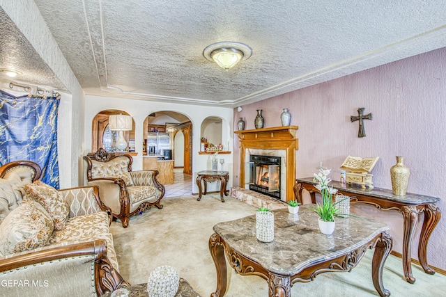 living room featuring a textured ceiling