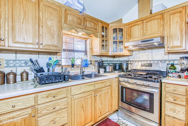 kitchen featuring tasteful backsplash, stainless steel range with gas cooktop, sink, and lofted ceiling