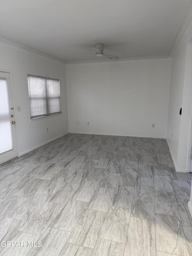 unfurnished room with ceiling fan, plenty of natural light, and ornamental molding