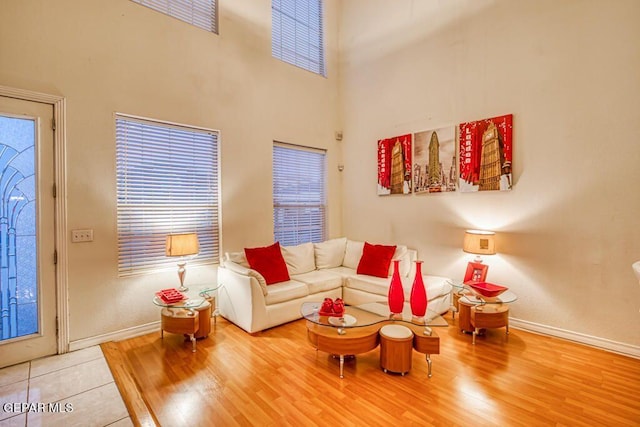 living room featuring wood-type flooring and a high ceiling