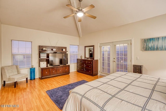 bedroom with ceiling fan, french doors, light hardwood / wood-style flooring, lofted ceiling, and access to outside