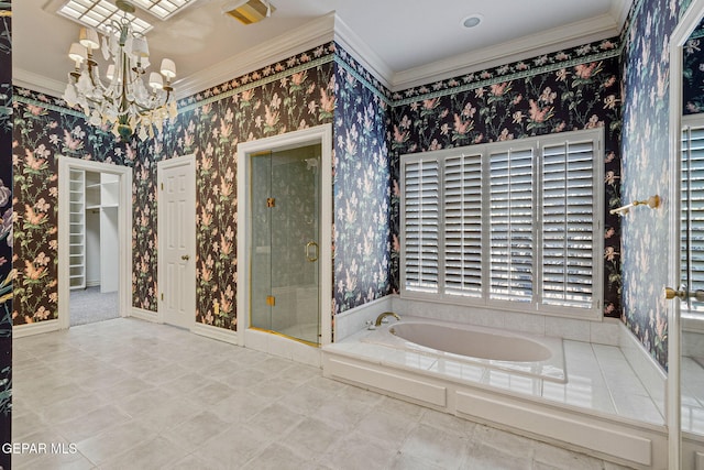 bathroom featuring a notable chandelier, a garden tub, wallpapered walls, a shower stall, and crown molding