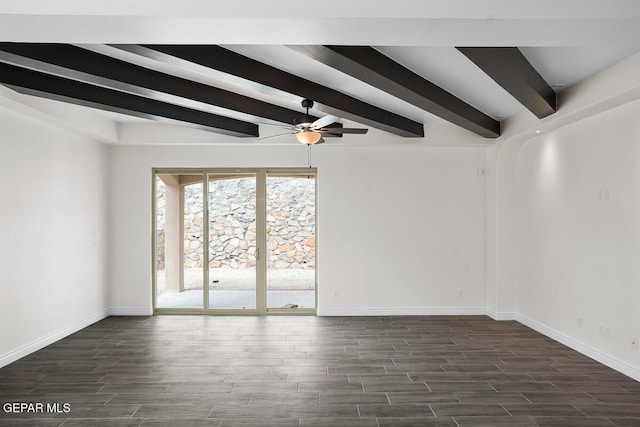 spare room featuring beamed ceiling, ceiling fan, and dark hardwood / wood-style flooring