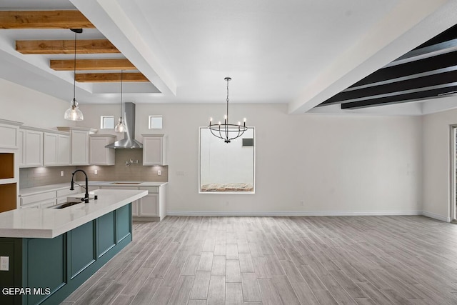 kitchen with wall chimney exhaust hood, sink, tasteful backsplash, pendant lighting, and white cabinets