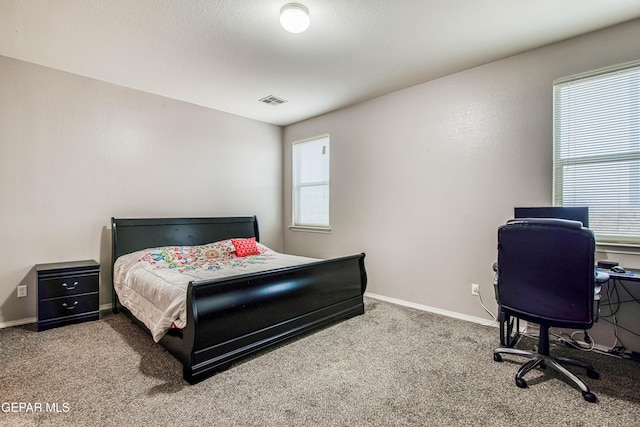 bedroom featuring carpet, a textured ceiling, and multiple windows