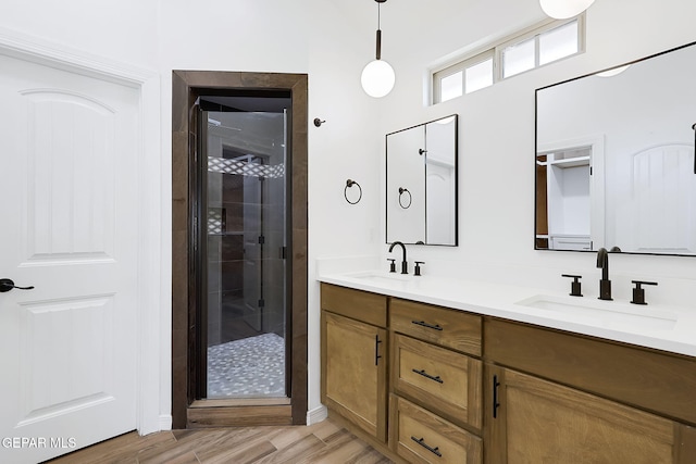 bathroom featuring vanity, an enclosed shower, and wood-type flooring