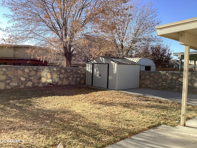 view of yard featuring a shed