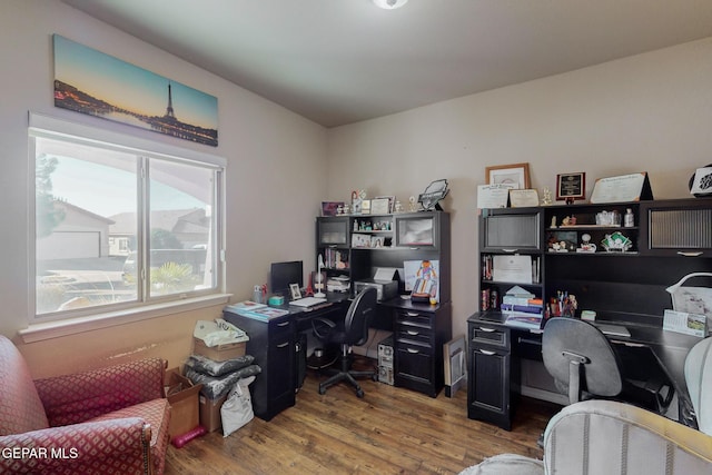 home office with hardwood / wood-style flooring