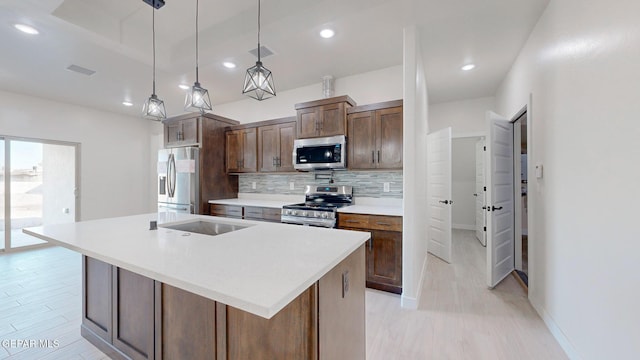 kitchen with decorative backsplash, decorative light fixtures, stainless steel appliances, and a center island with sink