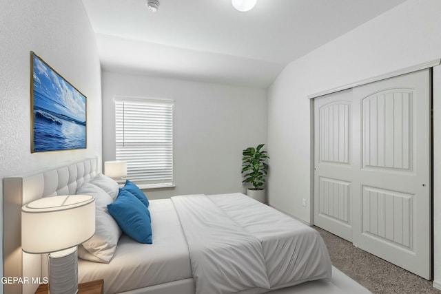 bedroom featuring a closet, carpet floors, and vaulted ceiling