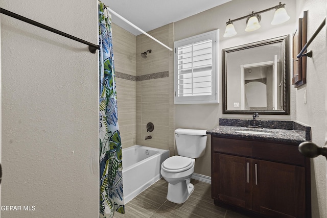 full bathroom with vanity, toilet, and shower / bath combo with shower curtain