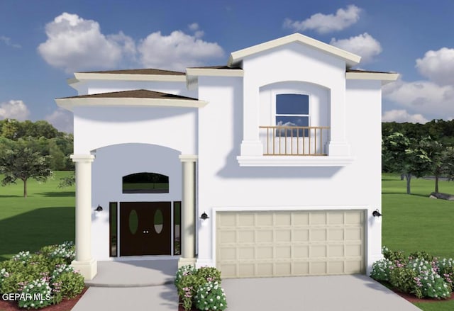 view of front of house featuring a front yard and a garage