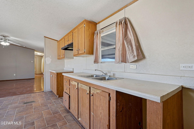 kitchen with ceiling fan, sink, and a textured ceiling