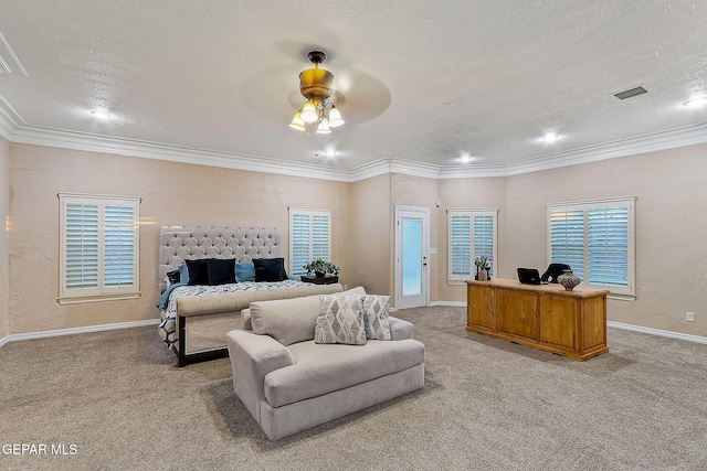 bedroom with ceiling fan, crown molding, and light carpet