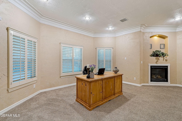 office area featuring carpet flooring, a textured ceiling, and ornamental molding