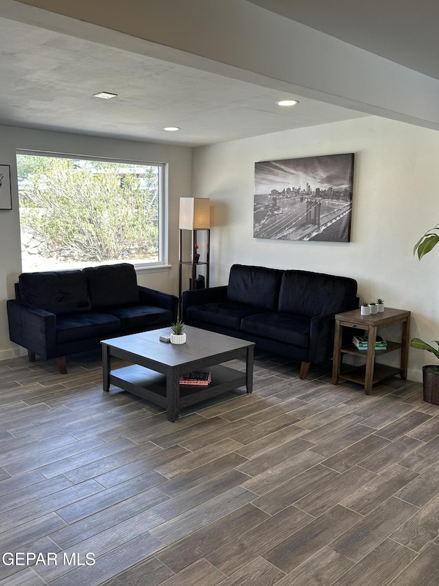 living area featuring wood finished floors and recessed lighting