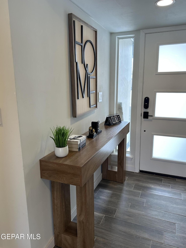 entryway with dark wood-style floors