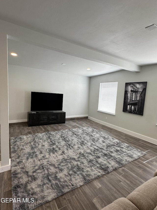 living room with beamed ceiling, recessed lighting, wood finished floors, and baseboards