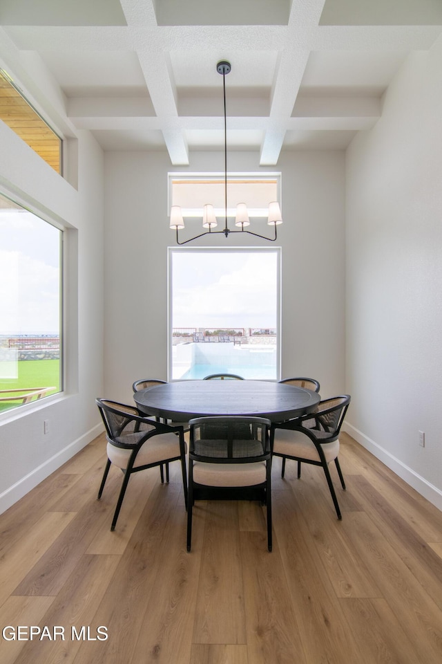 dining space with beam ceiling, coffered ceiling, and light wood-type flooring