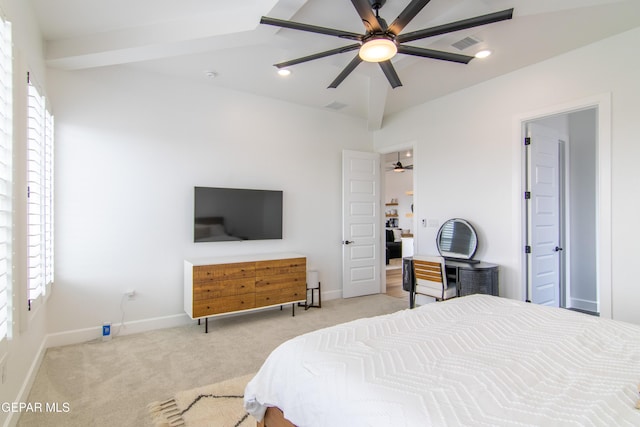 carpeted bedroom with beam ceiling and ceiling fan