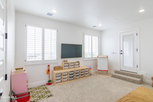 recreation room with light colored carpet