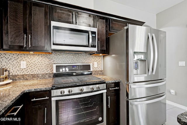 7828 Enchanted View Dr, El Paso, TX 79911 - kitchen with stainless steel appliances, backsplash, dark brown cabinets, and light tile patterned floors