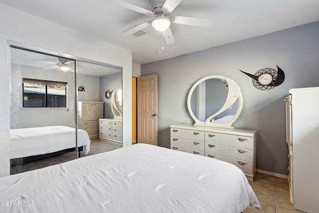 bedroom featuring light tile patterned floors, a closet, and ceiling fan