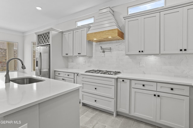 kitchen featuring decorative backsplash, stainless steel appliances, premium range hood, and sink