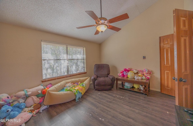 rec room with lofted ceiling, ceiling fan, dark wood finished floors, and a textured ceiling