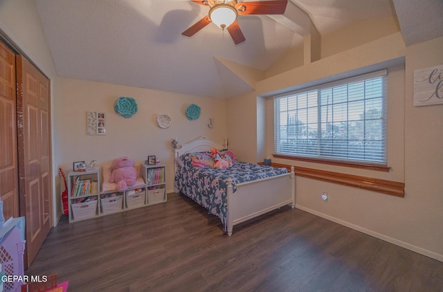 bedroom featuring vaulted ceiling, ceiling fan, dark wood finished floors, and baseboards