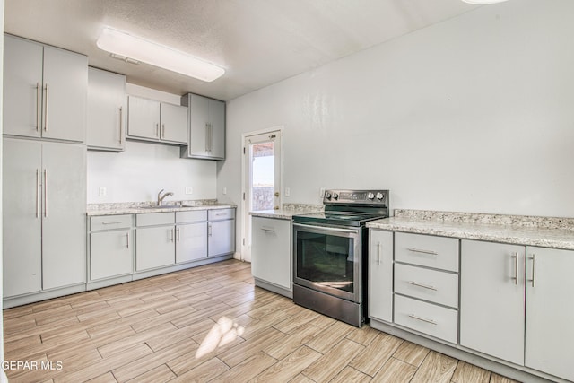 kitchen with stainless steel electric range oven and sink