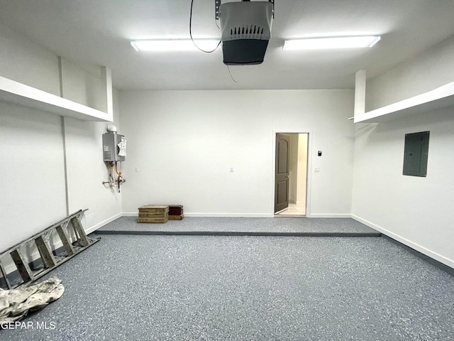 garage featuring electric panel, tankless water heater, and a garage door opener