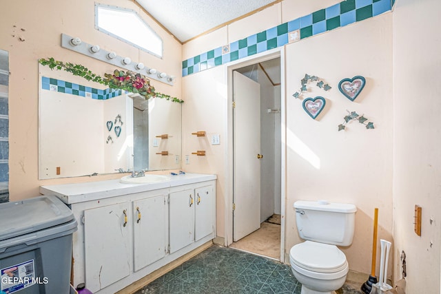 bathroom with vanity, toilet, and vaulted ceiling