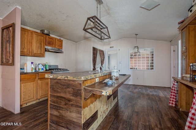 kitchen with a textured ceiling, a center island, dark hardwood / wood-style floors, hanging light fixtures, and lofted ceiling