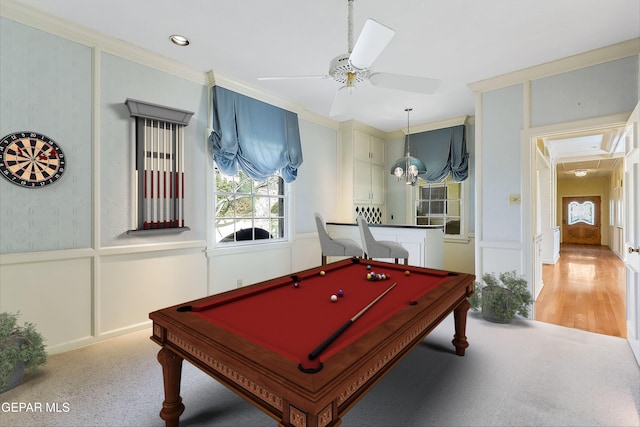 game room featuring crown molding, ceiling fan, and pool table