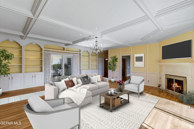 living room with built in shelves, light hardwood / wood-style flooring, beamed ceiling, and coffered ceiling