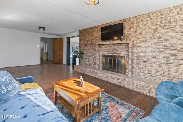 living room featuring a large fireplace and dark hardwood / wood-style floors